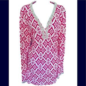 Cruisewear & Co Cover -up Tunic - XL raspberry pink print , embellished trim